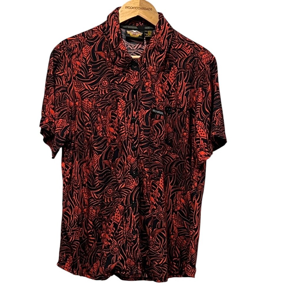 Harley-Davidson Button Down Eagle Print Shirt, Black Red, L